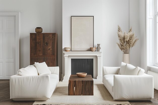 Photo two white sofas near fireplace against white wall with wooden cabinet and art poster scandinavian