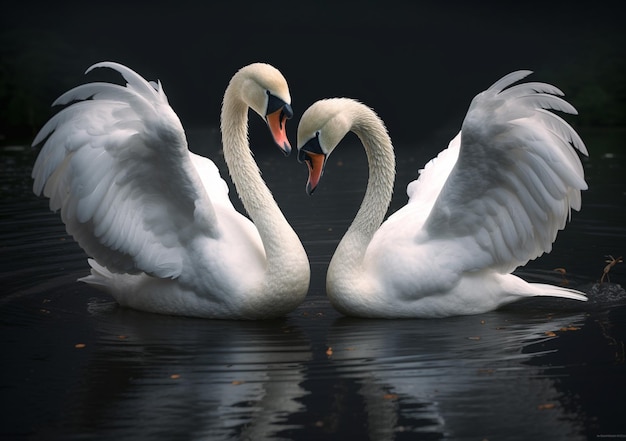 Two white swans making a heart shape with their necks generative ai