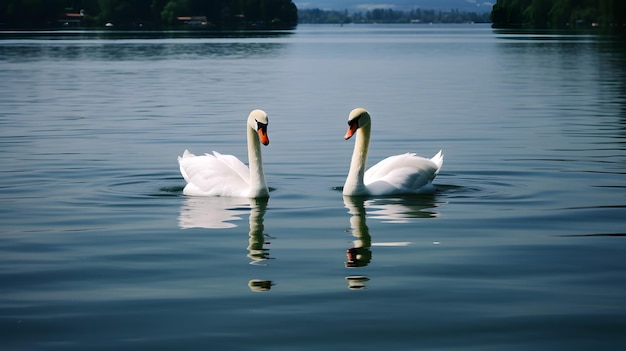 Two white swans in romantic love at the lake