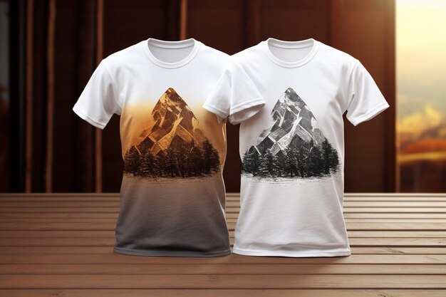 two white t - shirts with a mountain on the front.