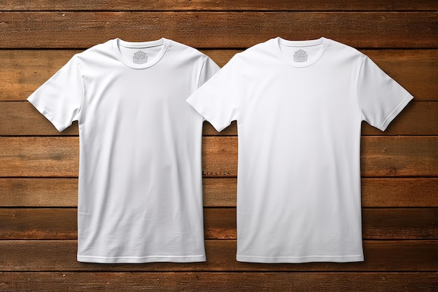 two white t shirts on wooden background for your designs mockup