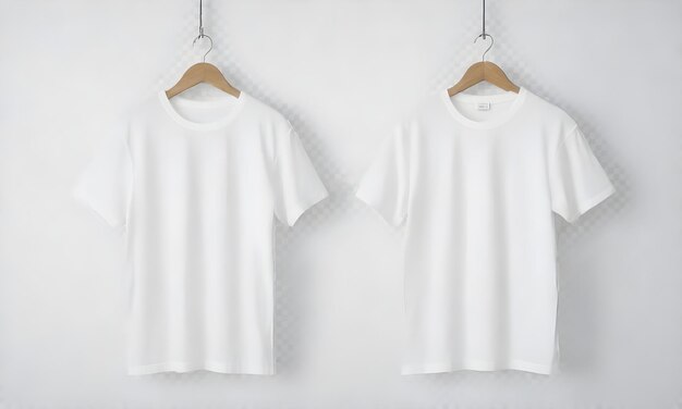 Two white tshirts hanging on wooden hangers