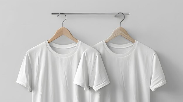 写真 白い壁の向かいにある衣装ハンガーに2つの白いtシャツ