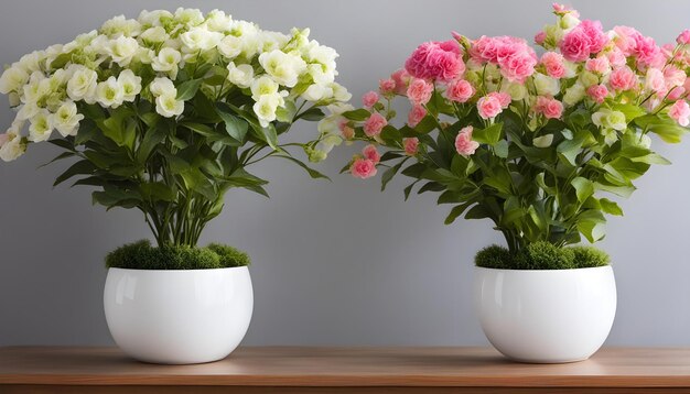 two white vases with flowers on a shelf with one that says geraniums