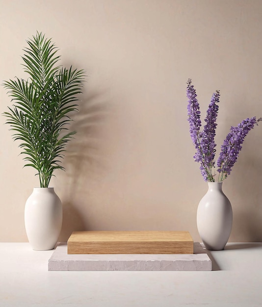two white vases with purple flowers on a white table