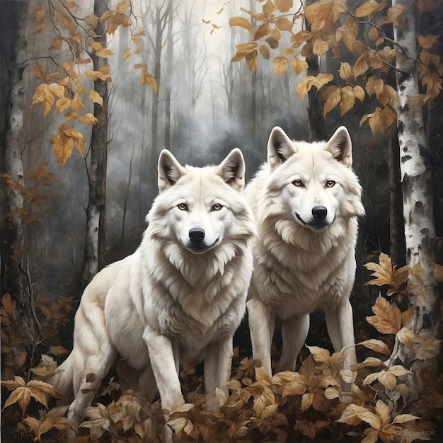 Два белых волка в лесу с рисованием деревьев и листьев