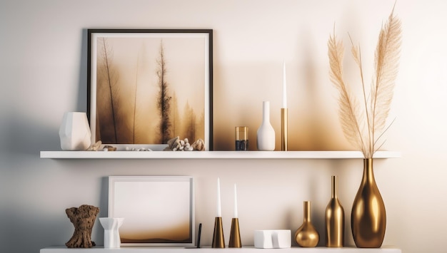 two white wooden shelves with golden pictures and vases