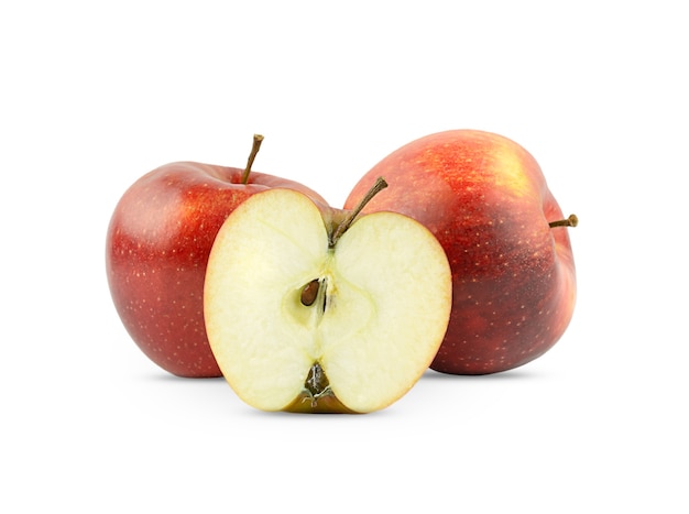 Two whole and one cut apple isolated on a white background