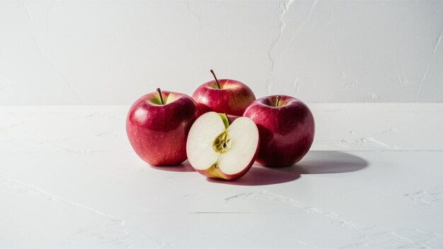 two whole and one sliced apples arranged artfully in the center