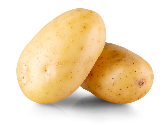 two whole yellow potatoes. Isolated on white. Close-up