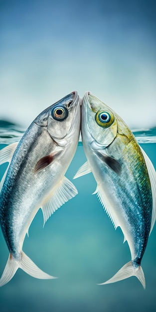 Two wild fish kissing underwater with copy space generative ai