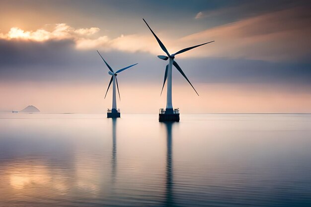 Two wind turbines in the ocean with a cloudy sky in the background