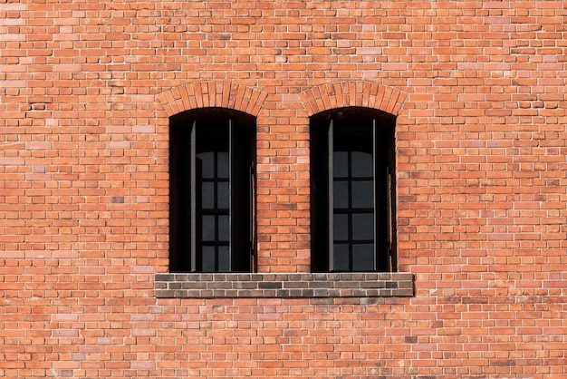 Two windows of the old brown bricks wall