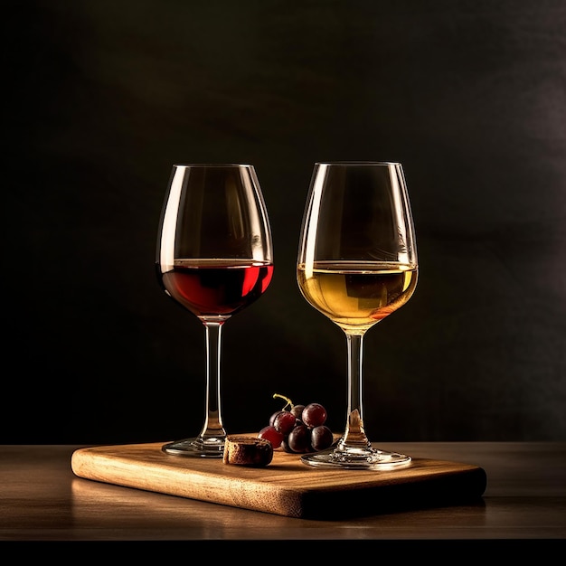 Two wine glasses are next to each other with a dark background.