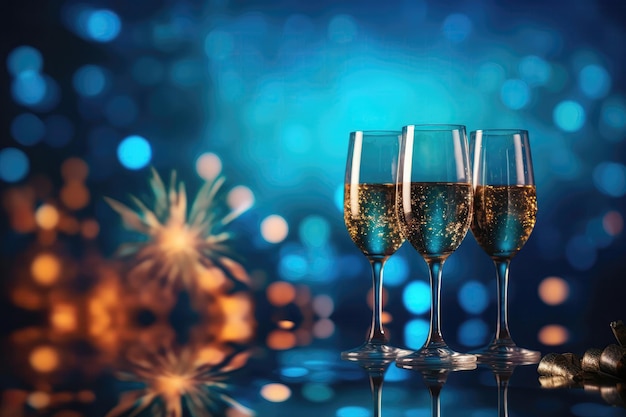 Two Wine Glasses On Blue Background Of Fireworks With Empty Space Birthday Celebration Generative AI