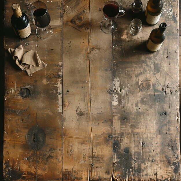 Photo two wine glasses and a bottle on a wooden table