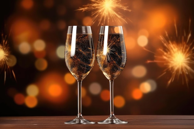 空のスペースの誕生日のお祝いの生成 AI と花火の茶色の背景に 2 つのワイングラス