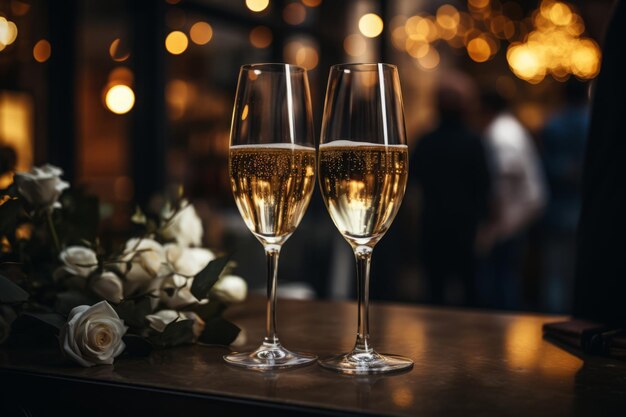 Two wine glasses and flowers bouquet