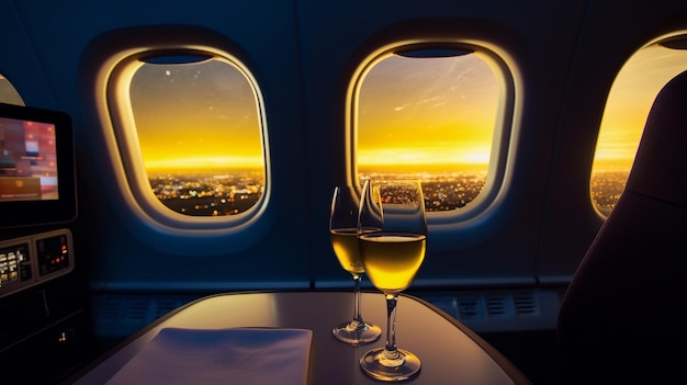 Two wine glasses on a table in an airplane with the sunset in the background.