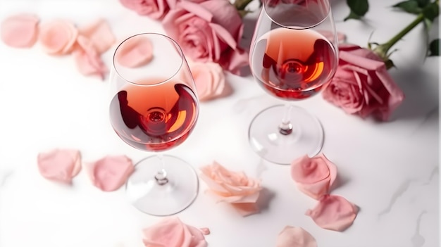 Two wine glasses on a table with pink roses on the table.