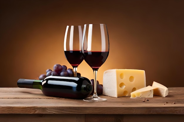 two wine glasses with wine and cheese and a bottle of wine.