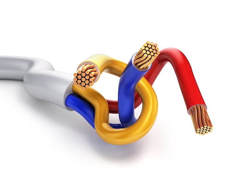 Photo two-wire multi-core cable in the white winding isolated on white