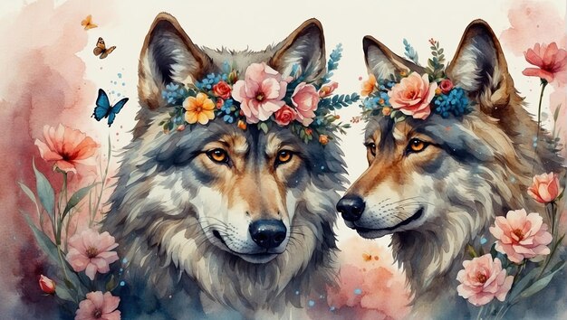 Photo two wolfs with flowers and butterflies on their heads