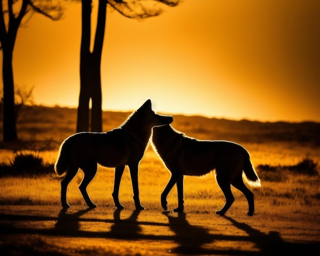 Two wolves are standing in front of a tree with the sun setting behind them.