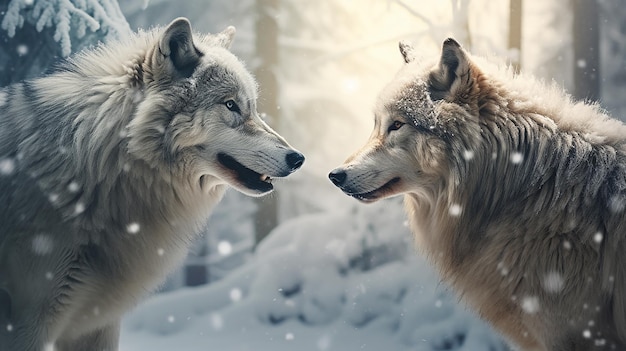 寒い冬の森の上の 2 頭のオオカミ