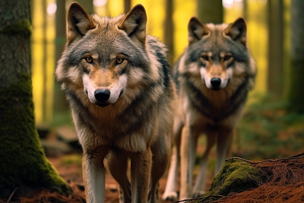暗い森の中の 2 頭のオオカミ AI が生成した自然生息地の野生動物