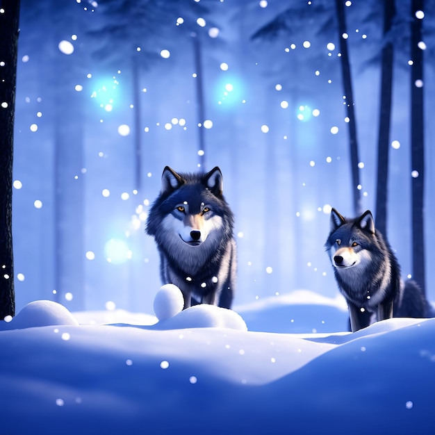 Two wolves in the snow with snow on them