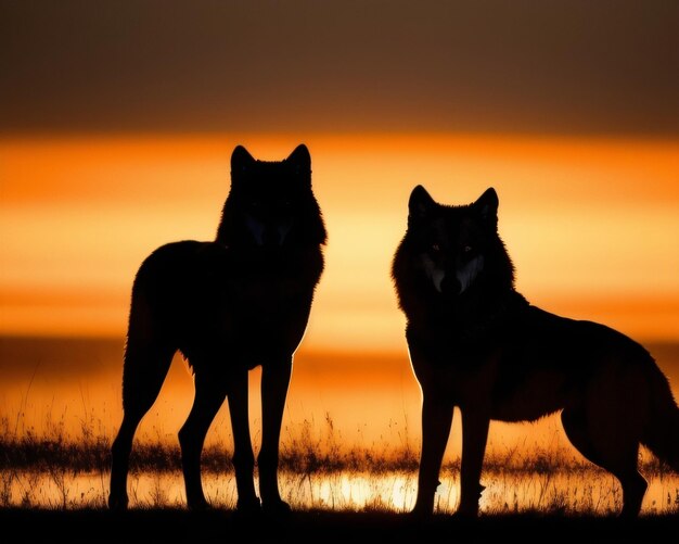 Two wolves stand in front of a sunset.