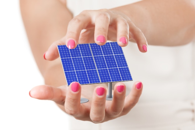 Two Woman Hands Protecting Blue Solar Cell Pattern Panel on a white background. 3d Rendering