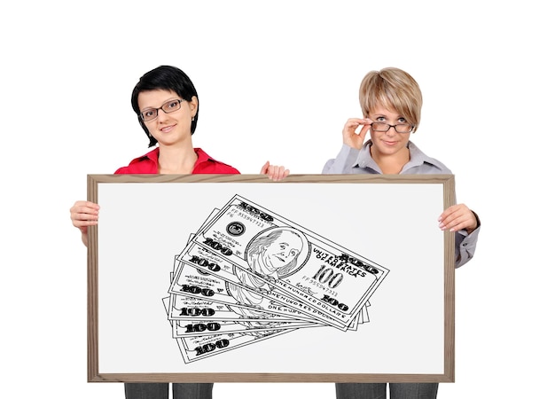 Two woman holding blackboard