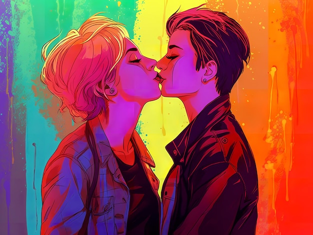 Two woman kissing each other with a splash of the rainbow colors celebrating the LGBT pride day