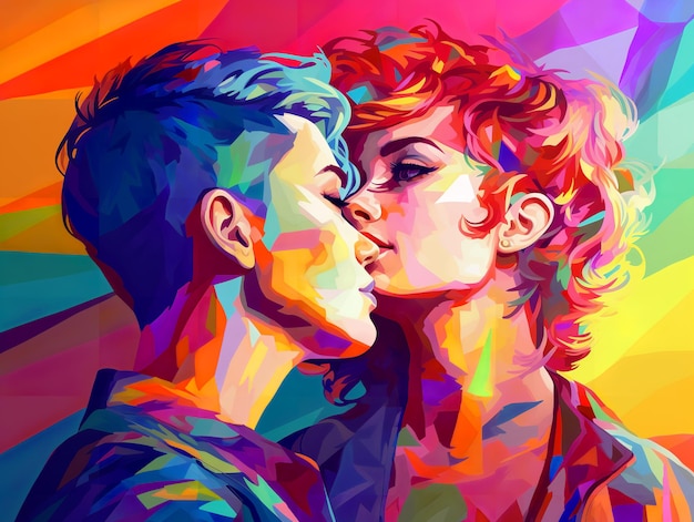 Two woman kissing each other with a splash of the rainbow colors celebrating the LGBT pride day