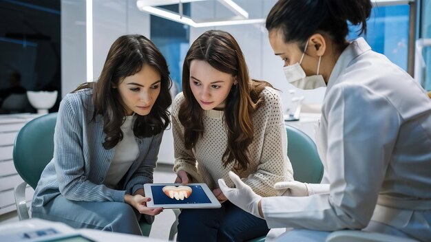 Two woman look at the tooth picture on a tablet at dentist office