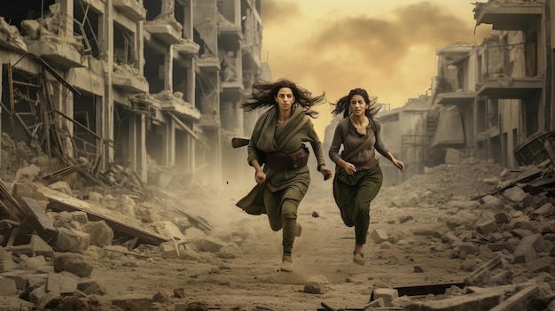 パレスチナとイスラエルの戦争の廃墟の中の2人の女性