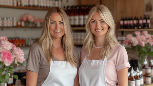 Two Women in Aprons Standing in Front of a Counter