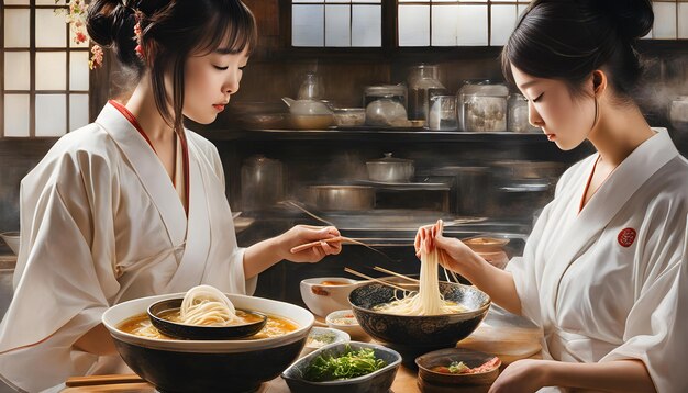 Photo two women are cooking in a kitchen with bowls of food