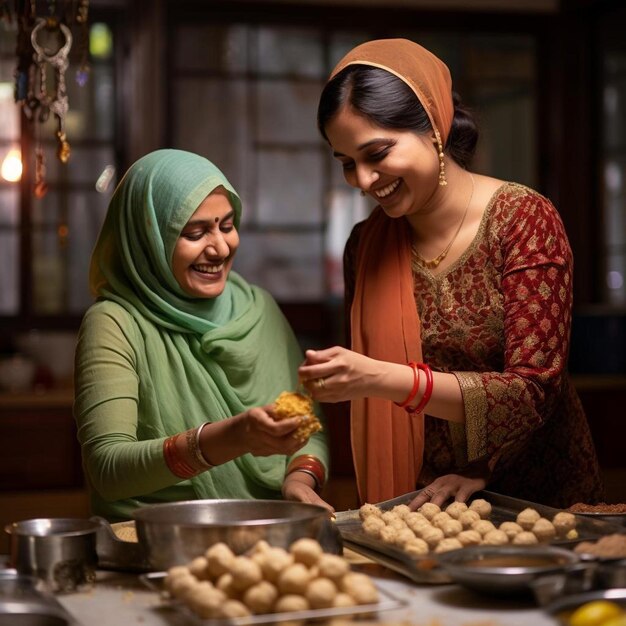Photo two women are cooking potatoes with one of them has a green scarf on it