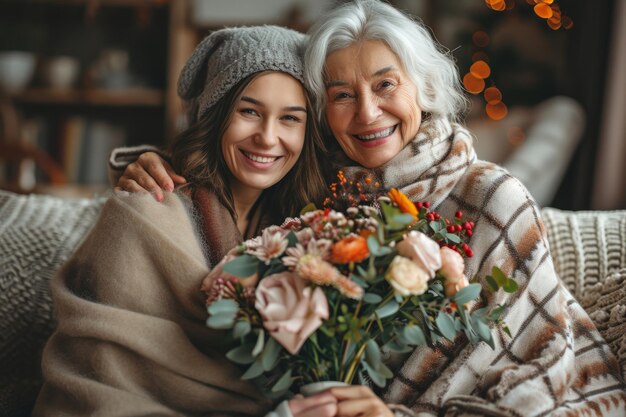 Photo two women are holding bouquets of beautiful flowers and smiling