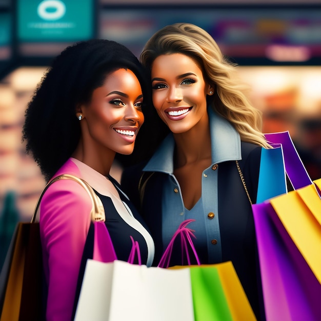 Two women are holding shopping bags and smiling at the camera.