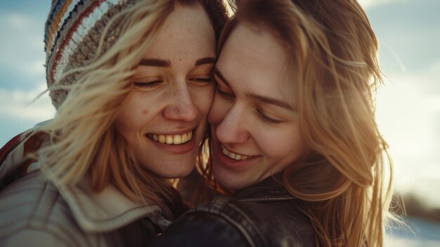 2人の女性が笑顔で抱きしめ合っている