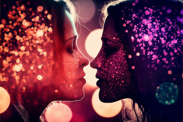 Two women are kissing Beautiful light bokeh effect Valentine's Day love LGBT lesbians couple relationship Diversity homosexuality Generative AI