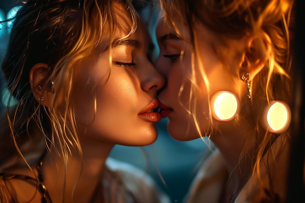 two women are kissing in front of a light that is lit up