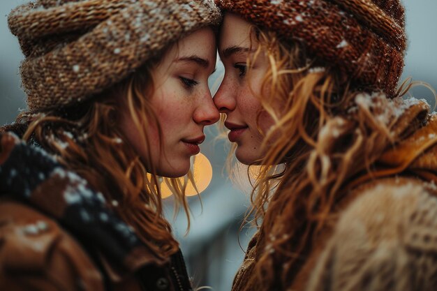 two women are kissing in the snow one of them is wearing a scarf