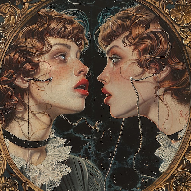 two women are looking at each other and one has a gold frame