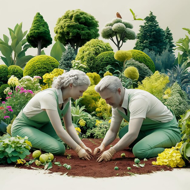 two women are looking at flowers and plants