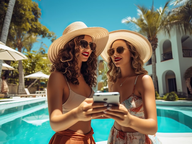 two women are looking at a phone and one of them is wearing a hat